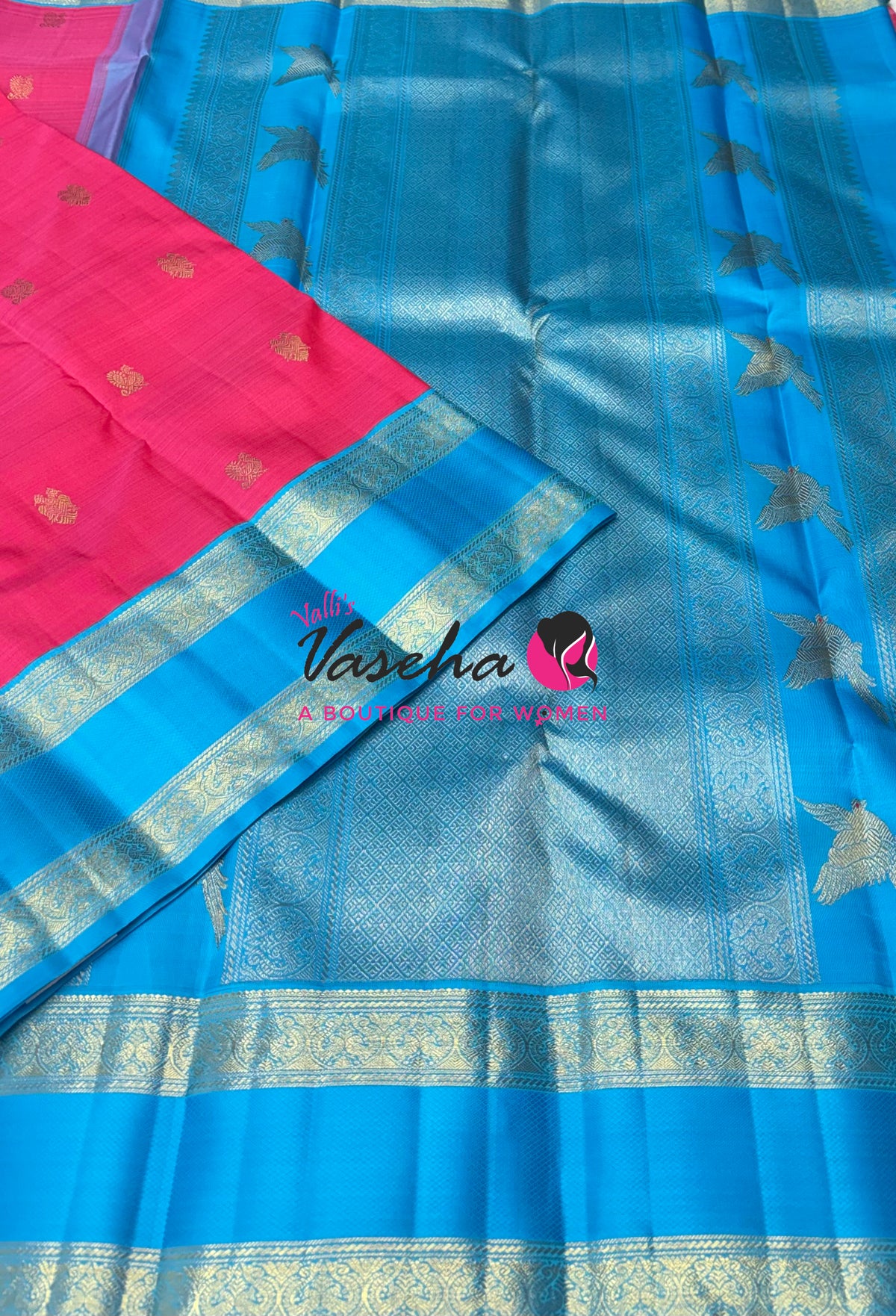 Pure Handloom Korvai Kanchipuram Silk Saree - 100% Pure Zari - Pink With Blue Combo - VVPS103