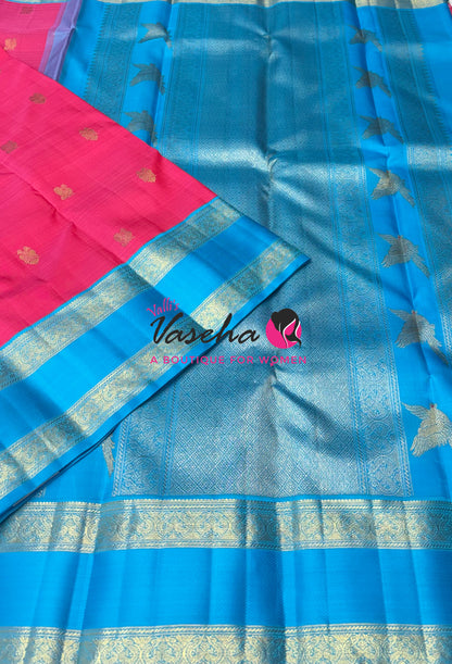 Pure Handloom Korvai Kanchipuram Silk Saree - 100% Pure Zari - Pink With Blue Combo - VVPS103