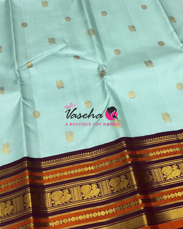 Pure Vintage Korvai Kanchipuram Silk Saree - Light Blue With Wine Brown - VVPS099