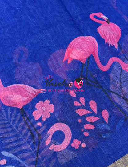 Linen Mixed Cotton Saree -Printed - Blue With Pink Shade - VVLMP002
