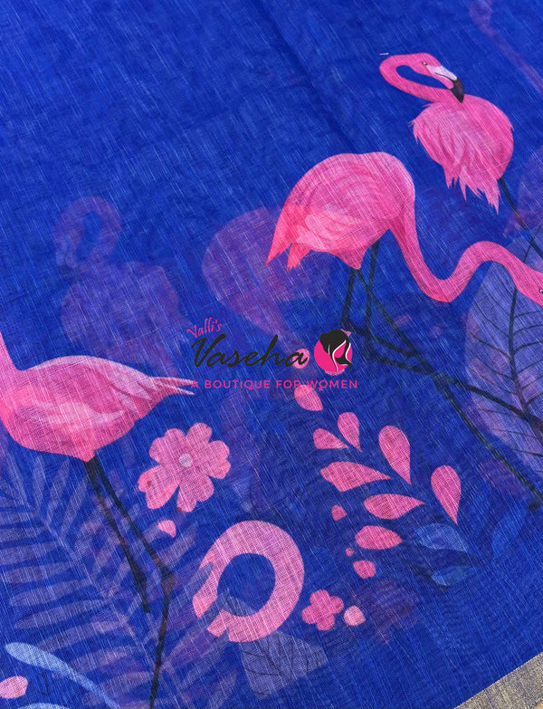 Linen Mixed Cotton Saree -Printed - Blue With Pink Shade - VVLMP002