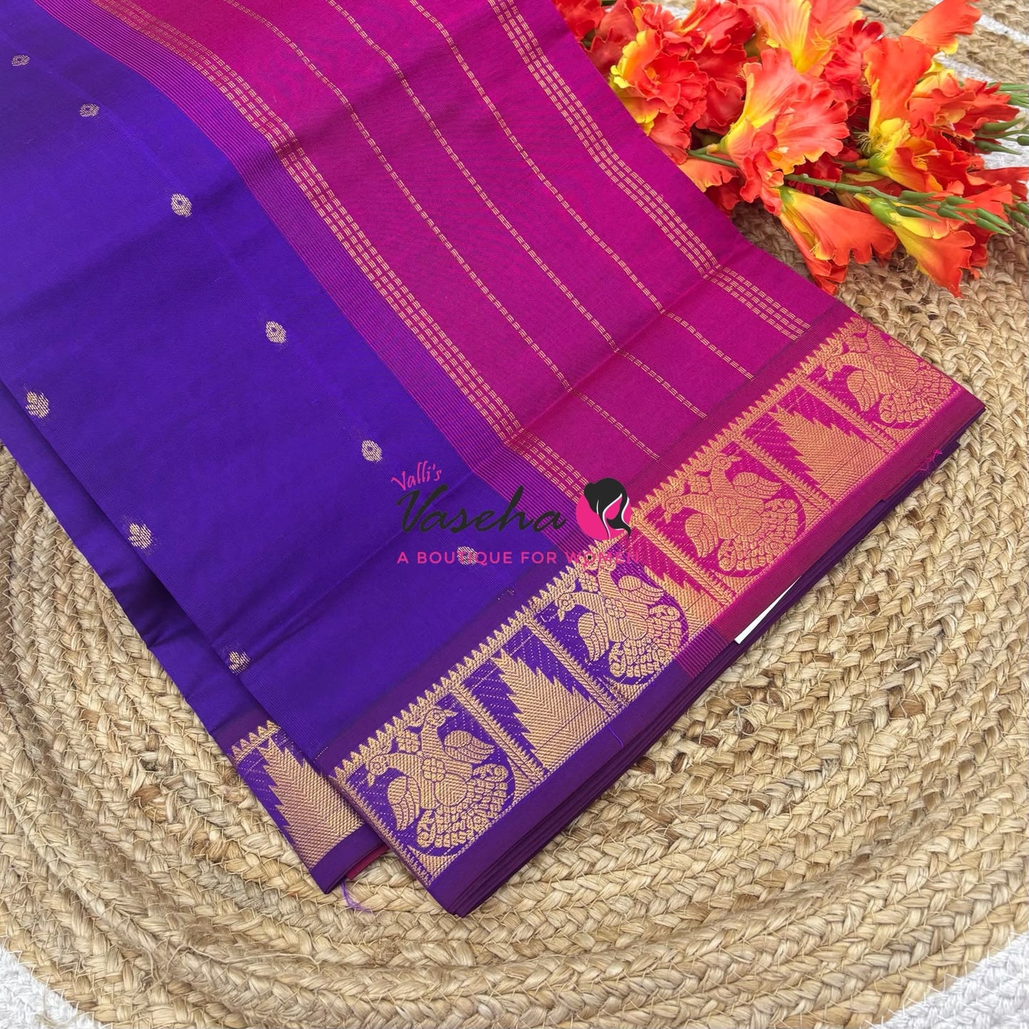 Semi Silk Cotton Saree - Small Zari Butta  - Retta Mayil Border- VVSSC015