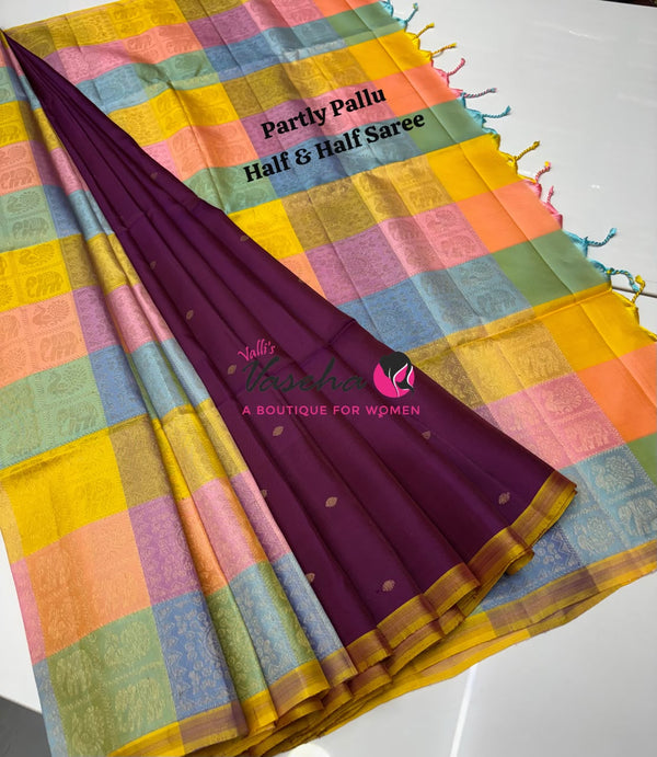 Pure Soft Silk Saree - Partly Pallu -  Half & Half Saree - VVPSS088