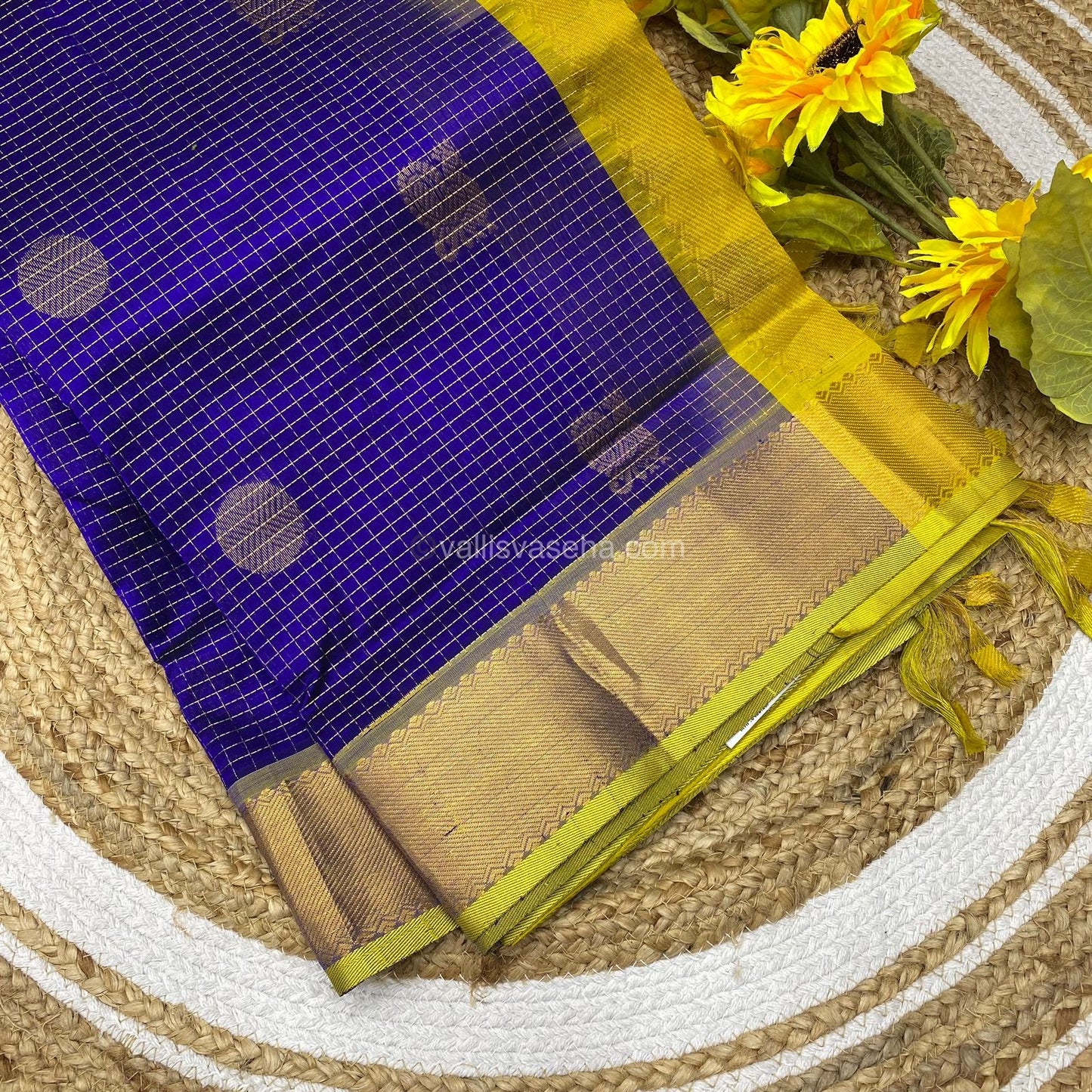 Pure Silk Cotton Saree - Mayil & Chakkaram Design - Blue with Lemon Green Combo - VVMC002