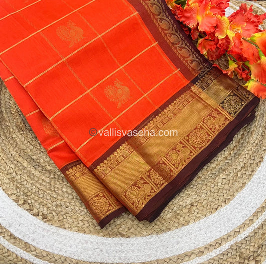 Pure Silk Cotton Saree - Mayil & Chakkaram Design - Orange  With Brownish Merun - VVMC001
