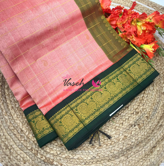 Pure Korvai Silk Cotton - Checks Pattern - Peach with Green Shade  - VVKSC015