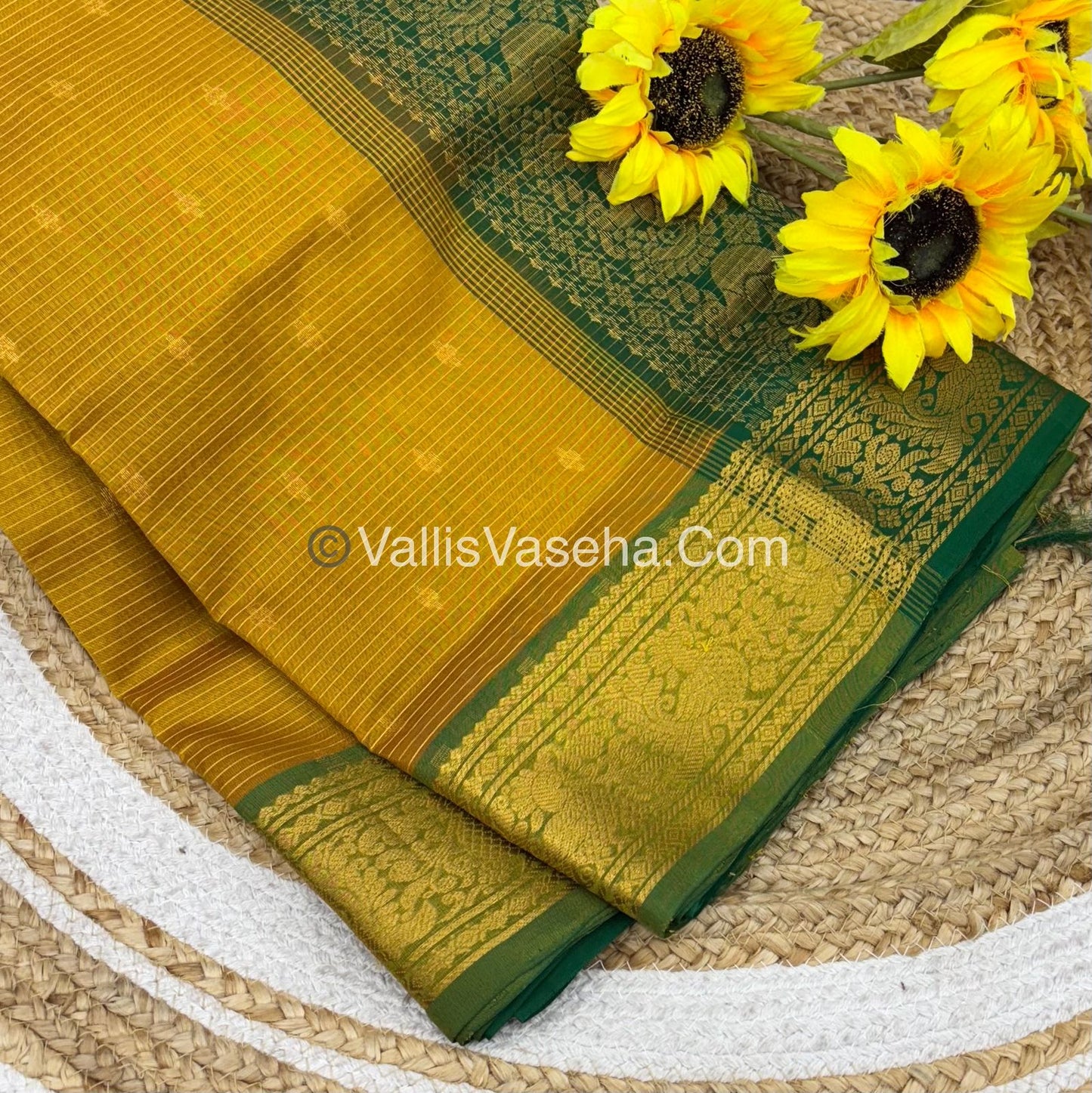 Pure Silk Cotton Sarees - Vairavoosi Lines - Mustard Yellow With Green Shade - VVPSC006
