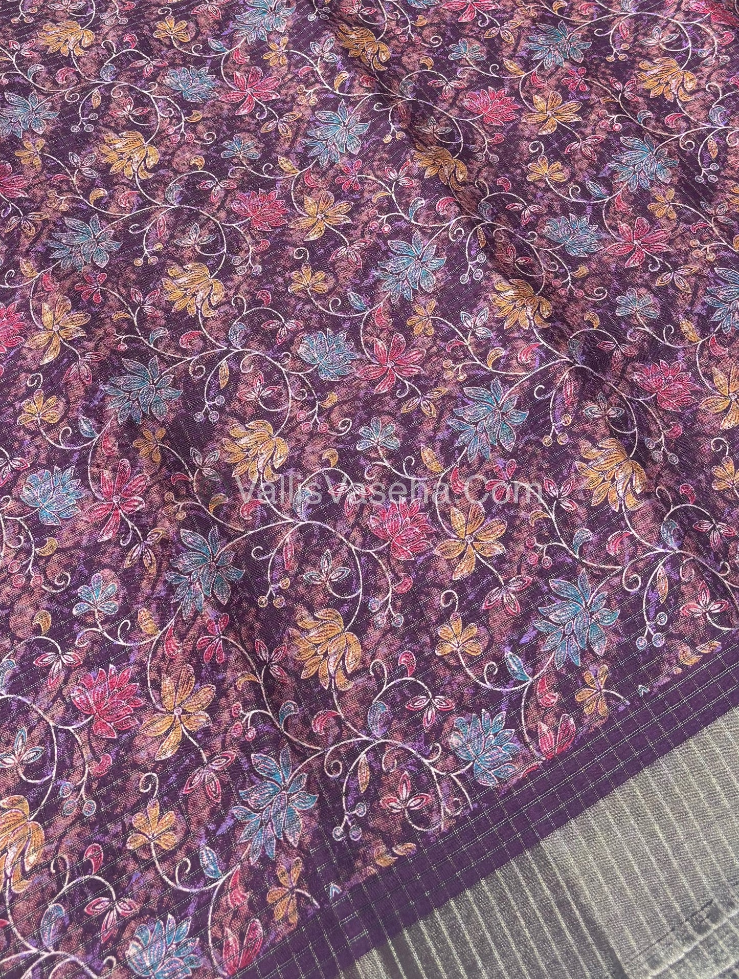 Light Weight Fancy Mixed Kota Cotton - Floral Design Printed Saree - Wine Shade - VVKPC002