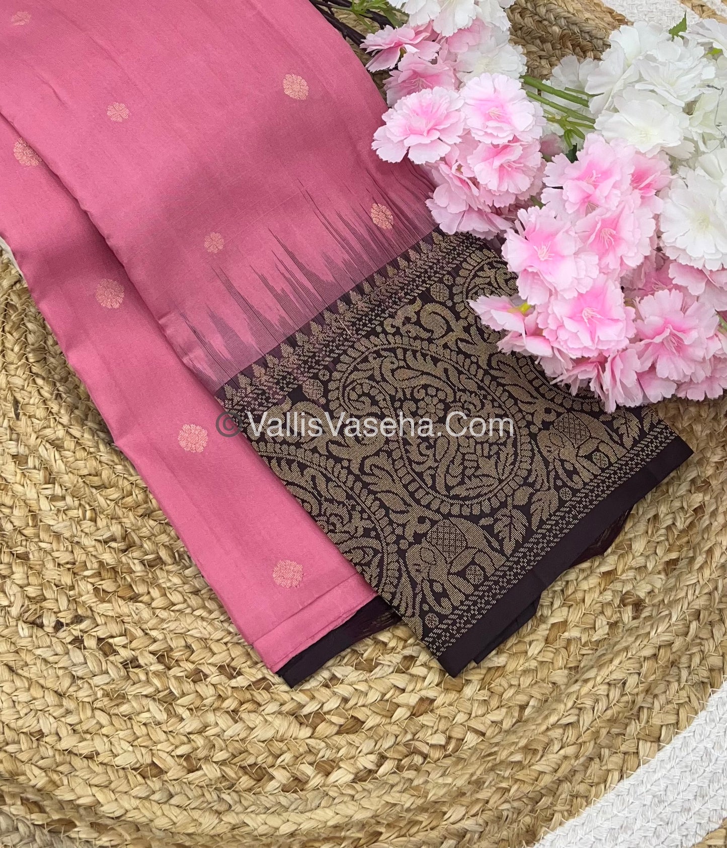 Pure Soft Silk Saree - One Side Border - Light Pink & Coffee Brown Combo - VVPSS045