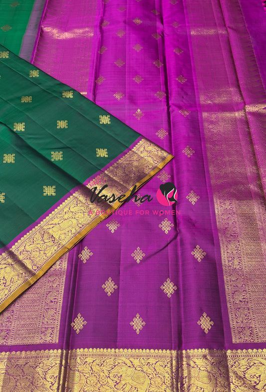 Pure Kanchipuram Silk Saree - Green & Purplish Pink Combo - VVPS025
