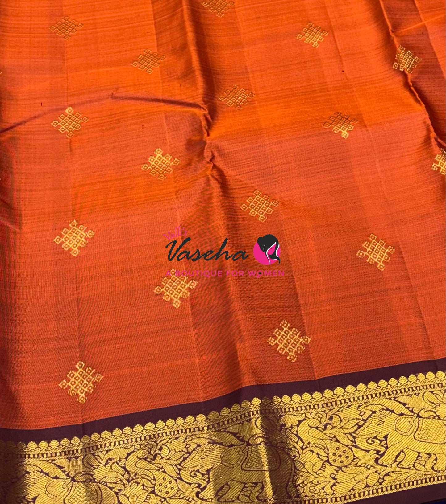 Pure Kanchipuram Silk Saree - Rust Orange & Wine Brown Combo - VVPS025