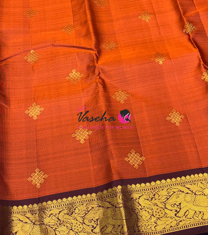 Pure Kanchipuram Silk Saree - Rust Orange & Wine Brown Combo - VVPS025