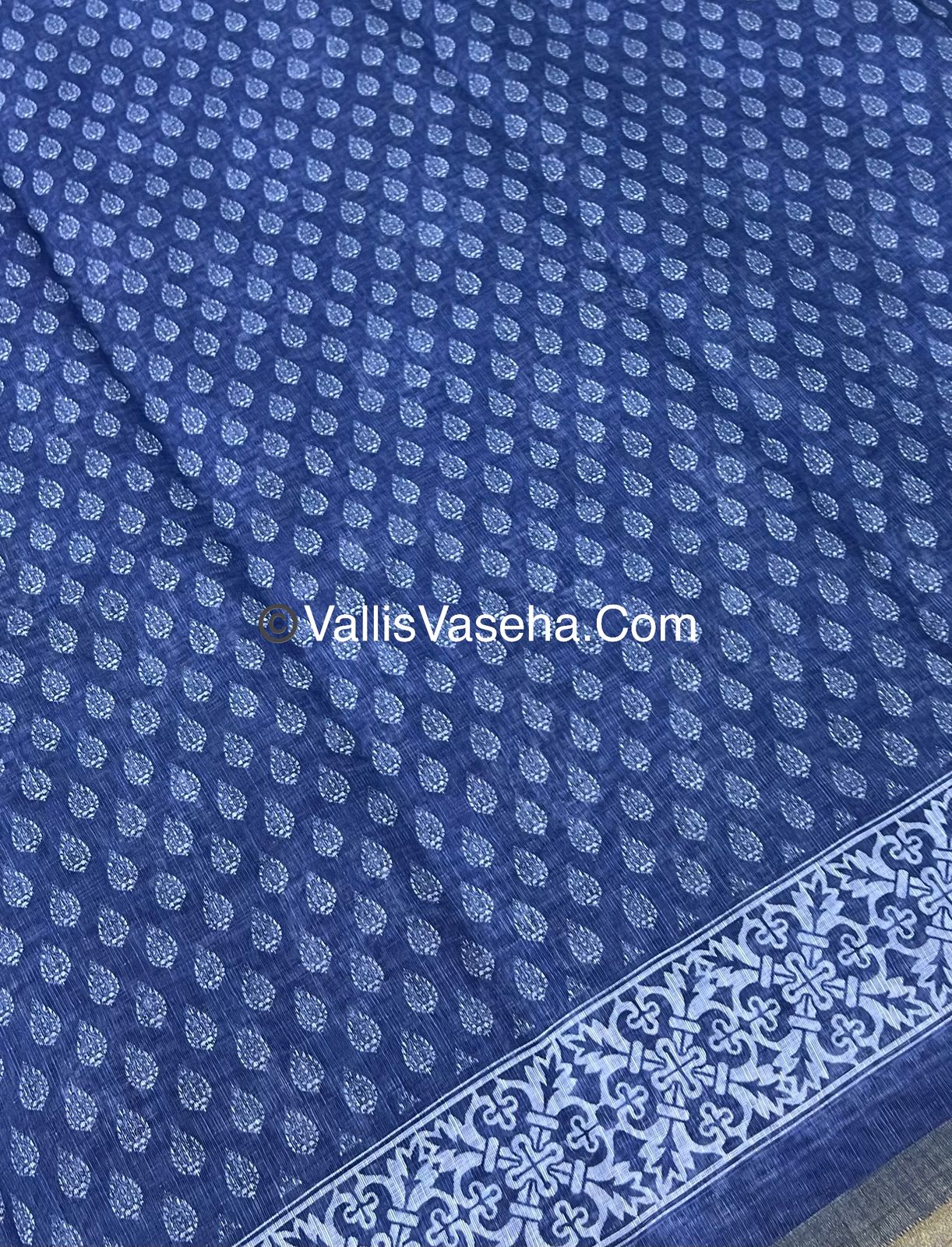 Linen Mixed Cotton Saree - Indigo Blue - Printed - VVLMP001