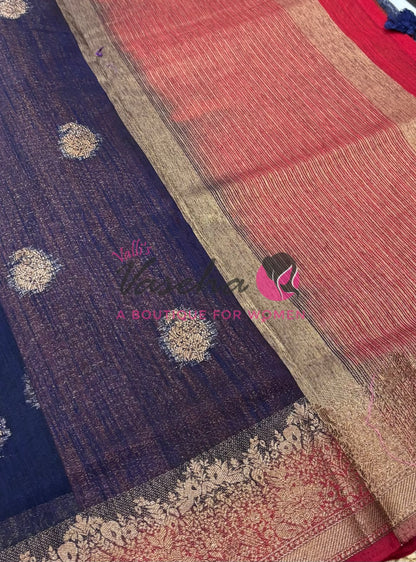 Bamboo Silk Saree- Dark Blue with Pink Shade - VVBSS014