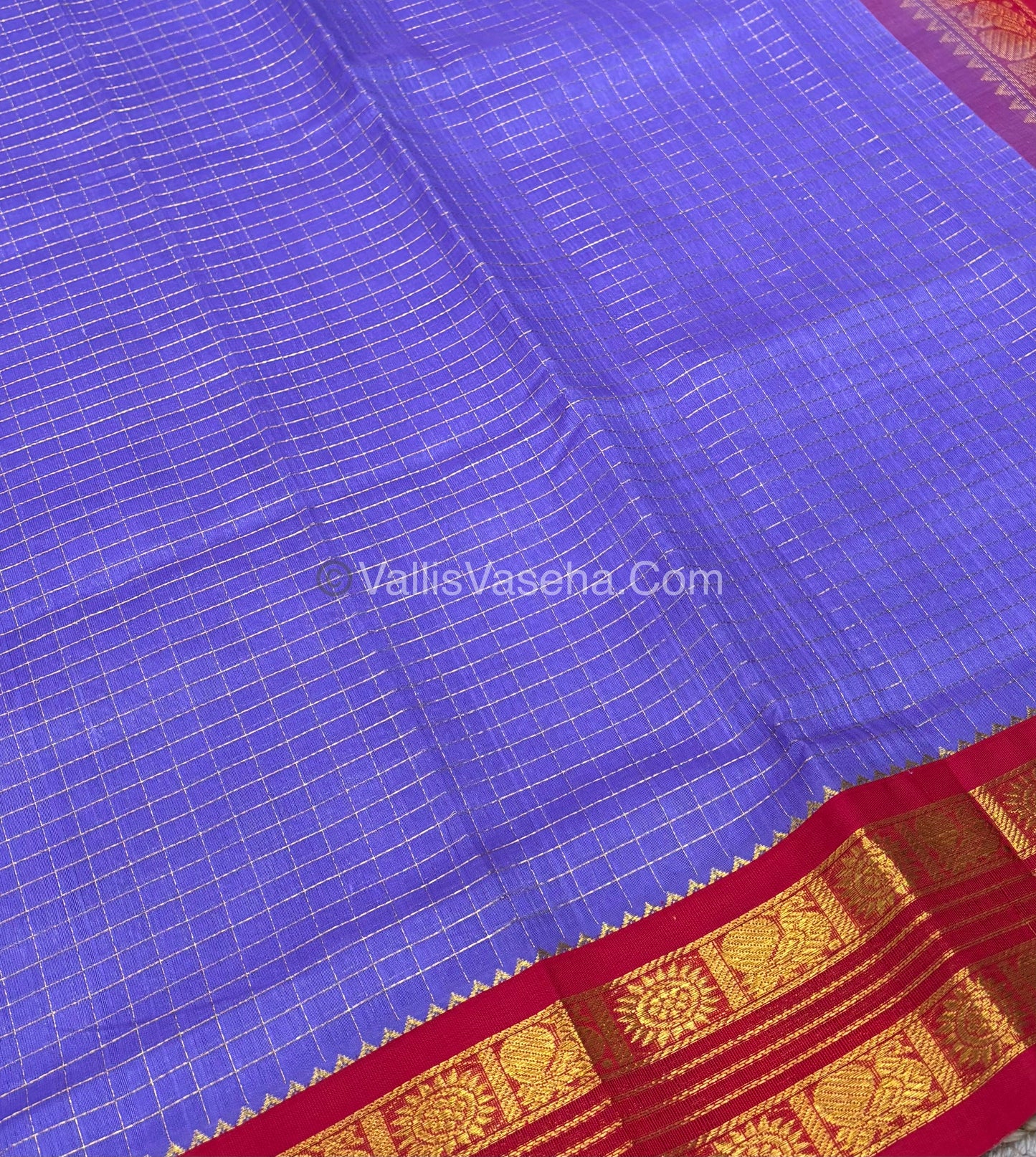 Pure Korvai Silk Cotton - Retta Petta Border - Light Lavendar With  Red Combo - VVKSC010