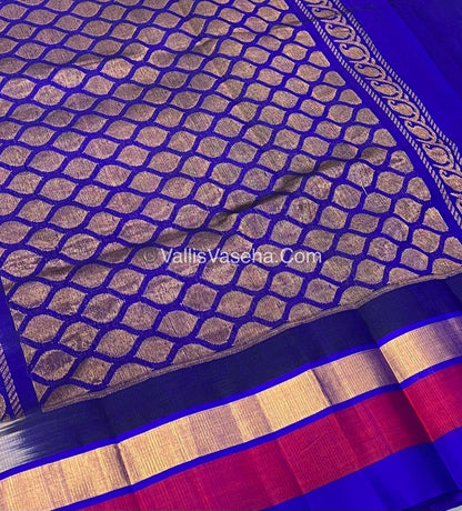 Pure Korvai Silk Cotton Saree - Cream With Blue Shade Temple border - VVKSC001