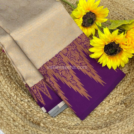 Kanchi Semi Silk - Creamish Grey with Purple - Temple Border  - VVKSS001
