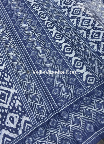Linen Mixed Cotton Saree - Indigo Blue - Printed - VVLMP001