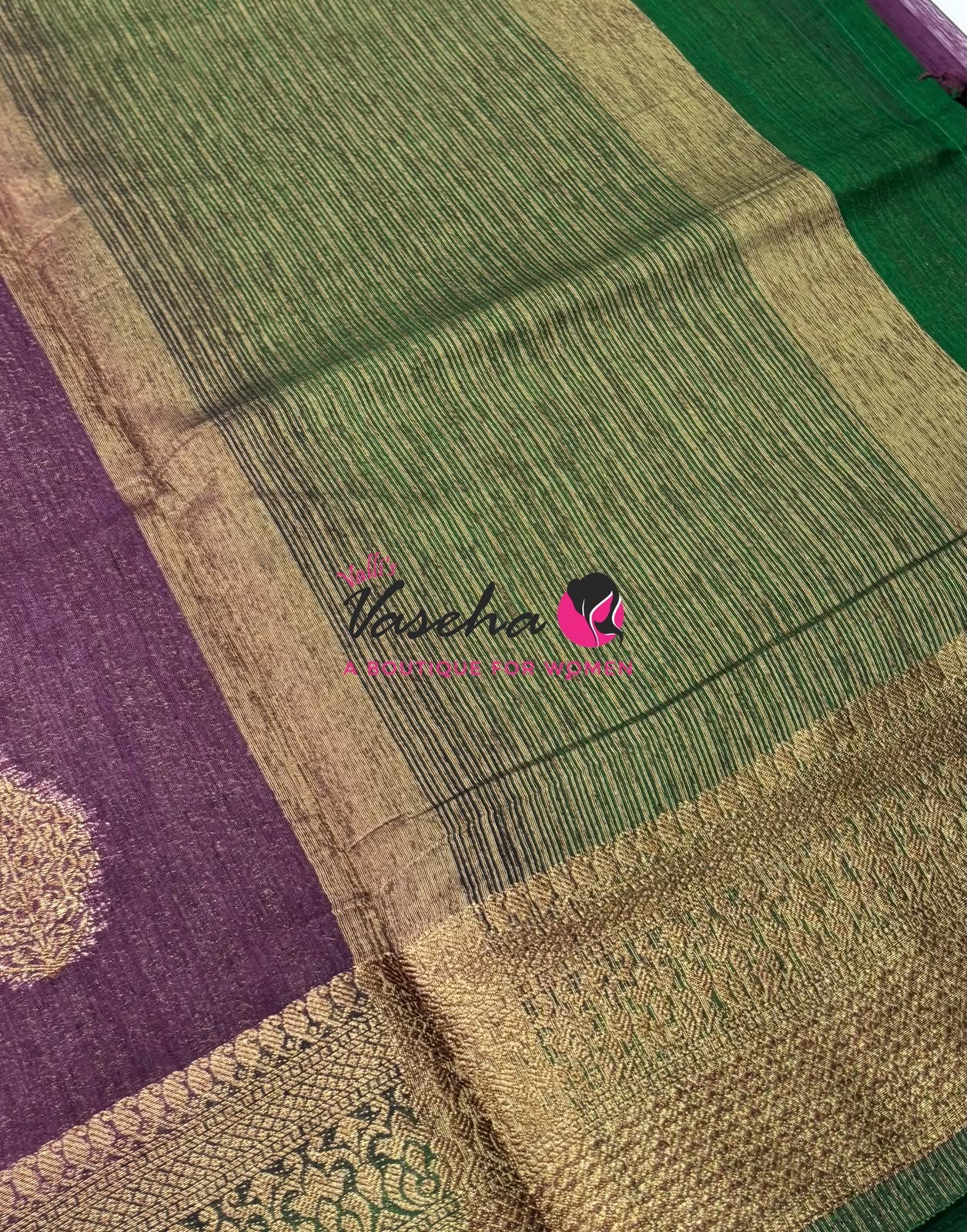 Bamboo Silk Saree - Purple With Green - VVBSS018