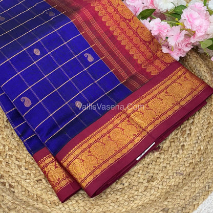 Pure Korvai Silk Cotton Saree - Blue With Red - VVKSC020