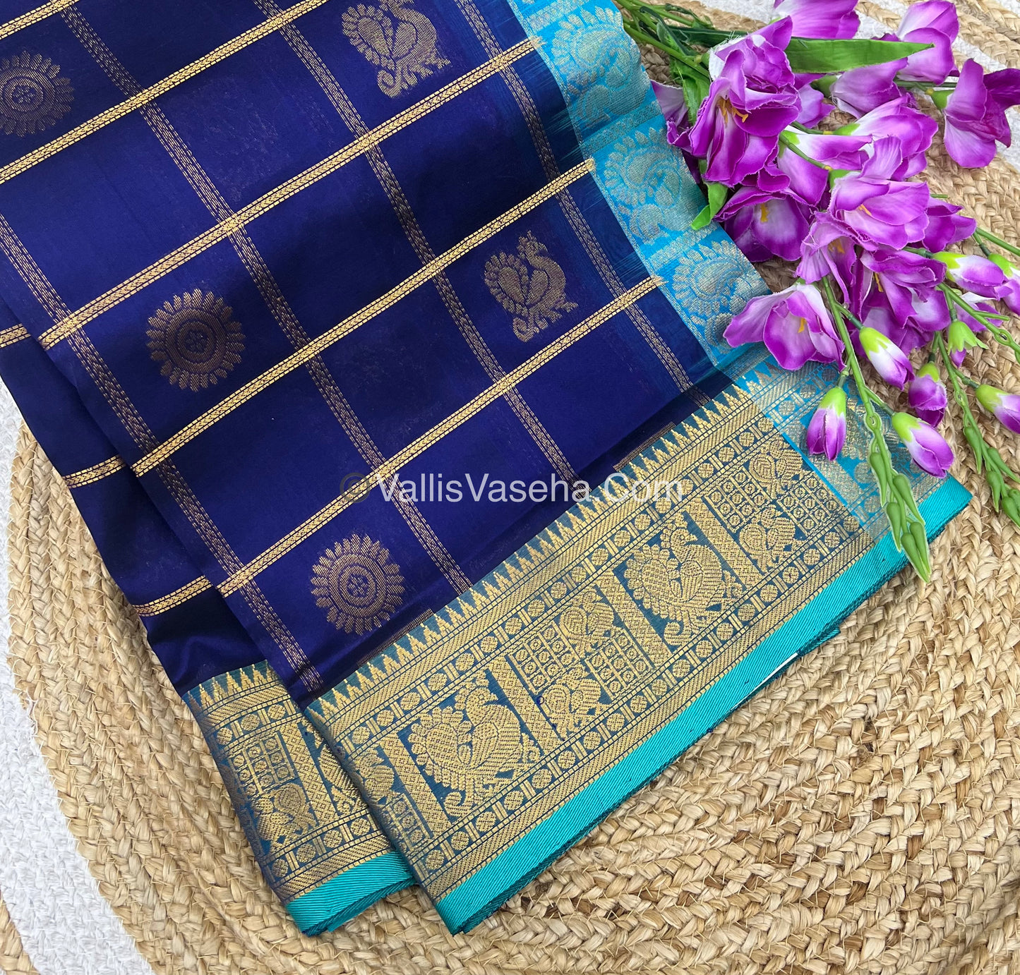 Pure Silk Cotton Saree - Mayil & Chakkaram Design - Royal Blue With Blue Combo -VVMC003