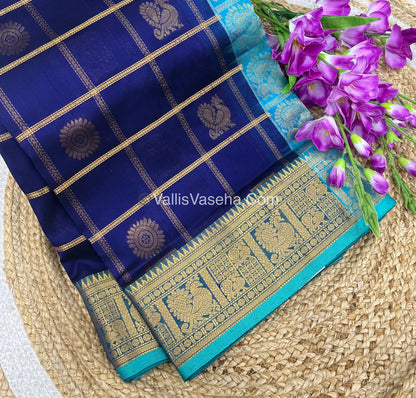 Pure Silk Cotton Saree - Mayil & Chakkaram Design - Royal Blue With Blue Combo -VVMC003