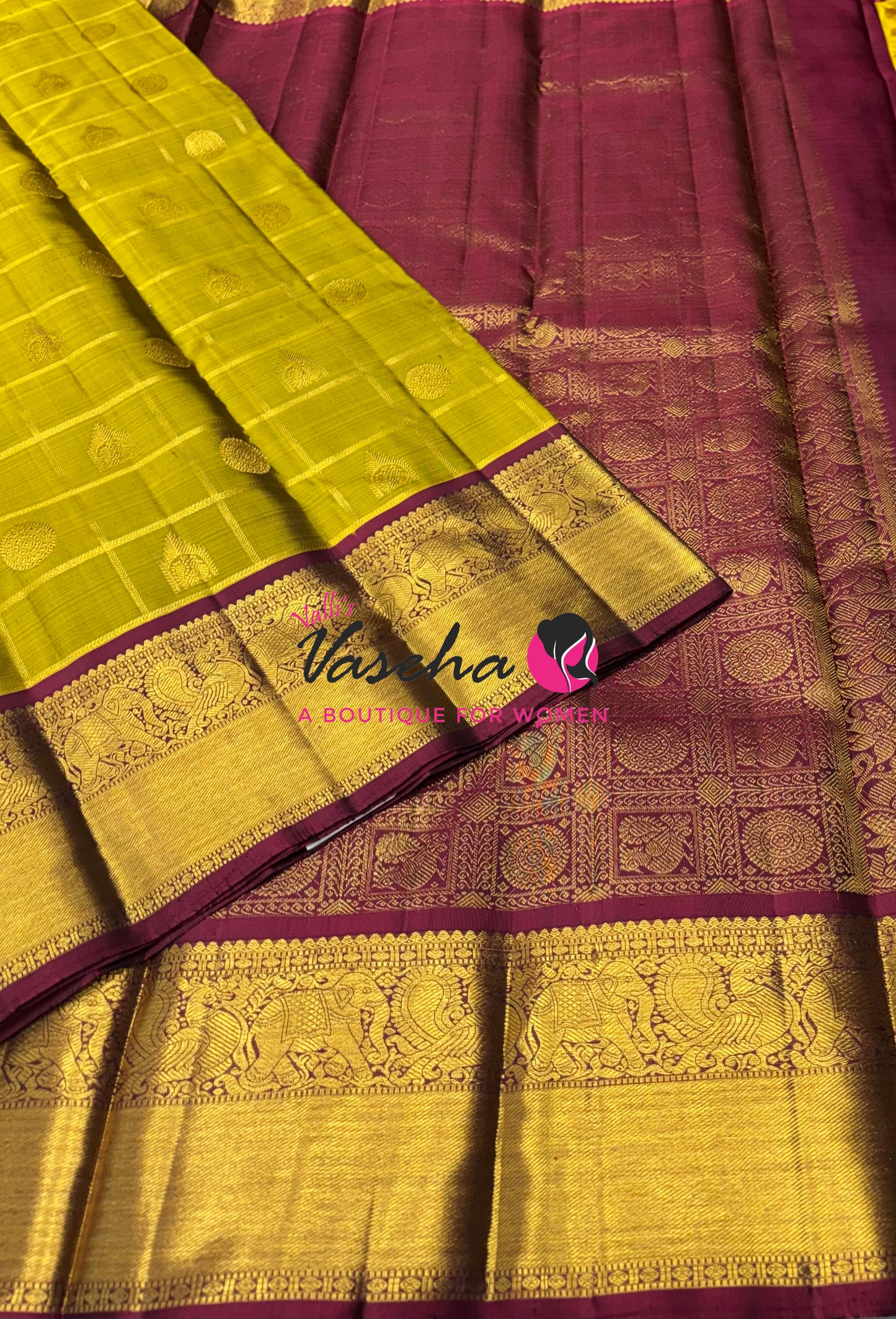 Pure Bridal Kanchipuram Silk Saree -  Golden Green & Maroon Combo - VVPS074