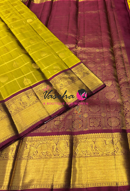 Pure Bridal Kanchipuram Silk Saree -  Golden Green & Maroon Combo - VVPS074