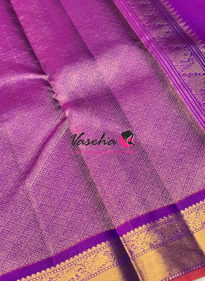 Pure Kanchipuram Silk Saree - Peacock Blue & Purple  Combo - VVPS025