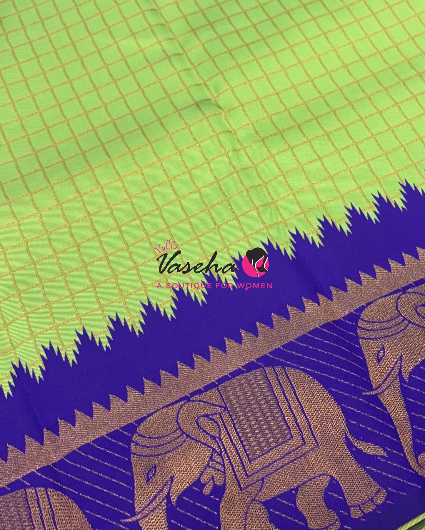 Semi Silk Saree - Kanchi Silk Style - Elephant Border - Green with Blue  - VVSSS005
