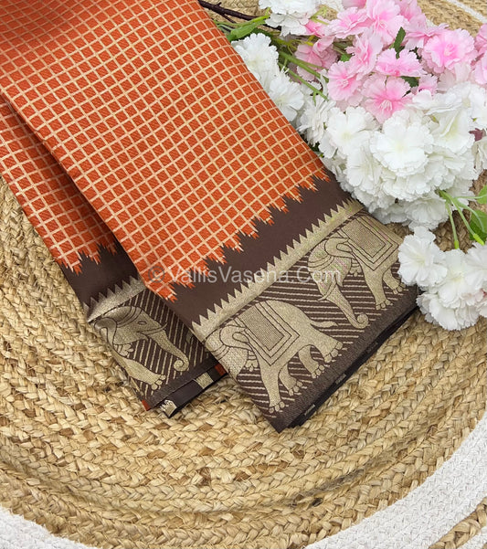 Kanchi Semi Silk - Elephant Border& design - Rust Orange & Brown - VVSSS005