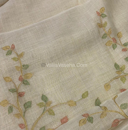 Tissue Linen Saree - Cream With Green Shade - VVTLS003