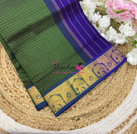Pure Silk Cotton Saree - Green With Blue - Lakshadeepam Design - VVPLD004