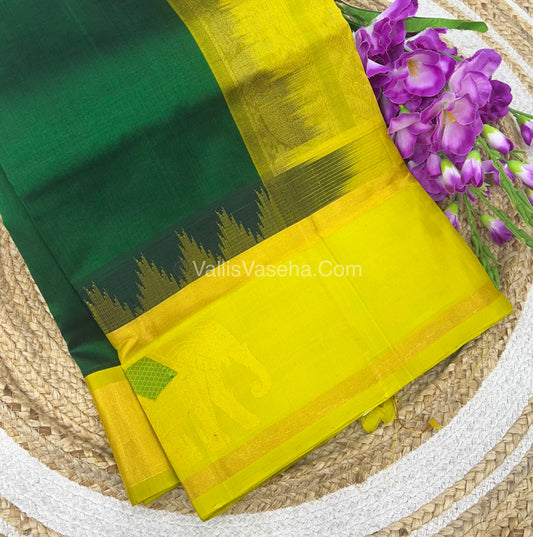 Pure Korvai Silk Cotton Saree - Border Elephant butta Design Green With Yellow - VVKSC018