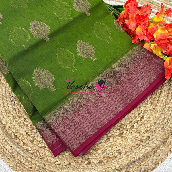 Bamboo Silk Saree - Green With Pink - VVBSS019