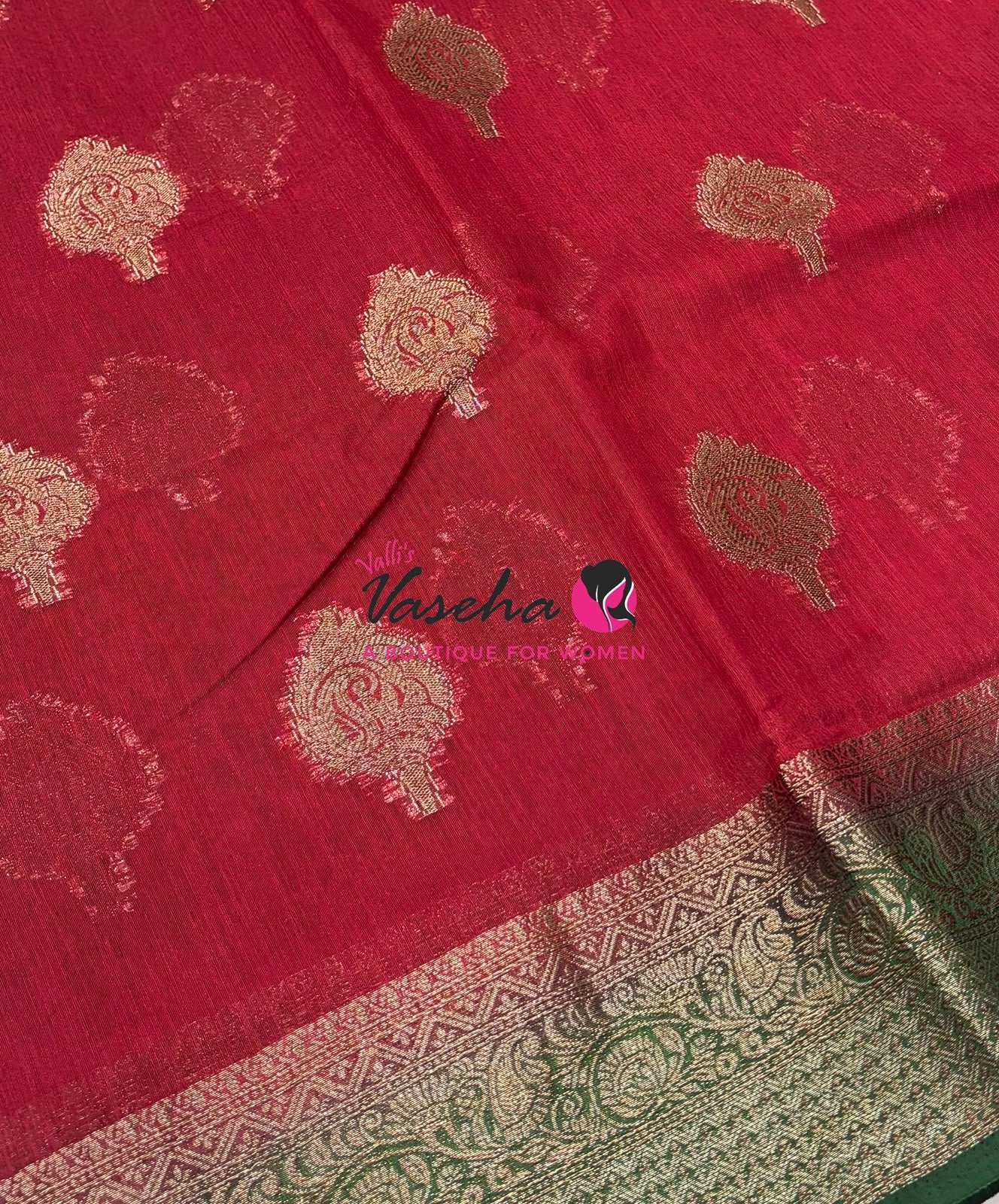 Bamboo Silk Saree - Red With Green  - VVBSS019