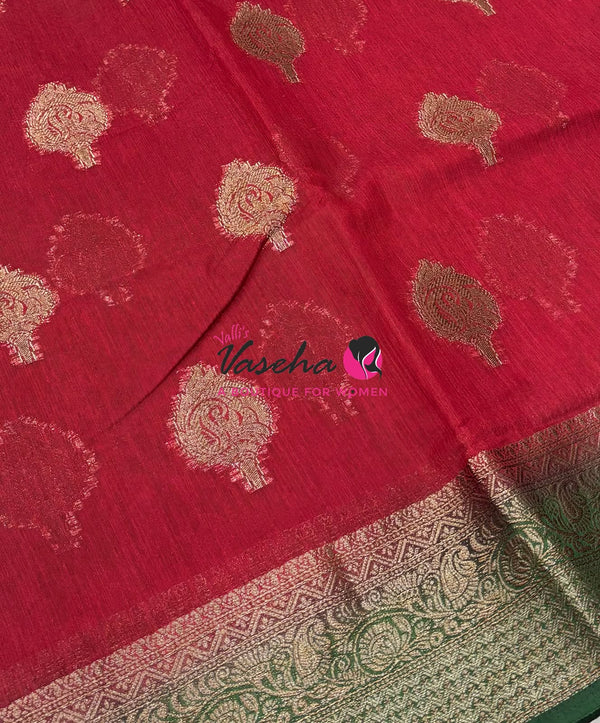Bamboo Silk Saree - Red With Green  - VVBSS019