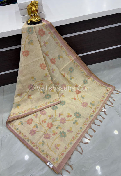 Tissue Linen Saree - Cream With Pink Shade - VVTLS002