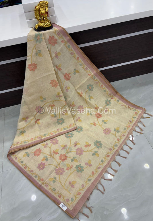 Tissue Linen Saree - Cream With Pink Shade - VVTLS002