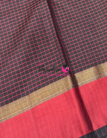 Semi Silk Saree - Thread Work Weaving ￼- Black With Red - VVSSS0038