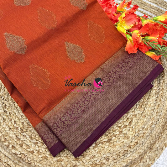 Bamboo Silk Saree - Rust Orange with Maroon Shade - VVBSS018