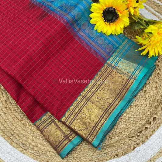 Pure Silk Cotton Saree - Red with  Blue - Lakshadeepam Design - VVPLD001