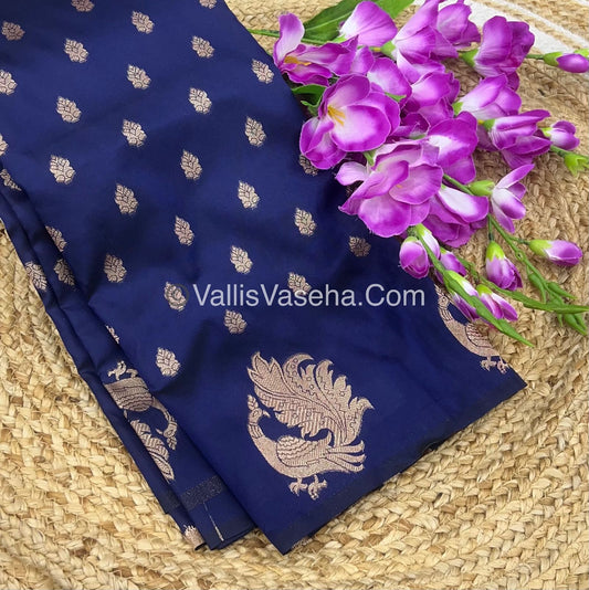 Semi Soft Silk - Peacock Butta Border - Blue Shade -VVSSS014