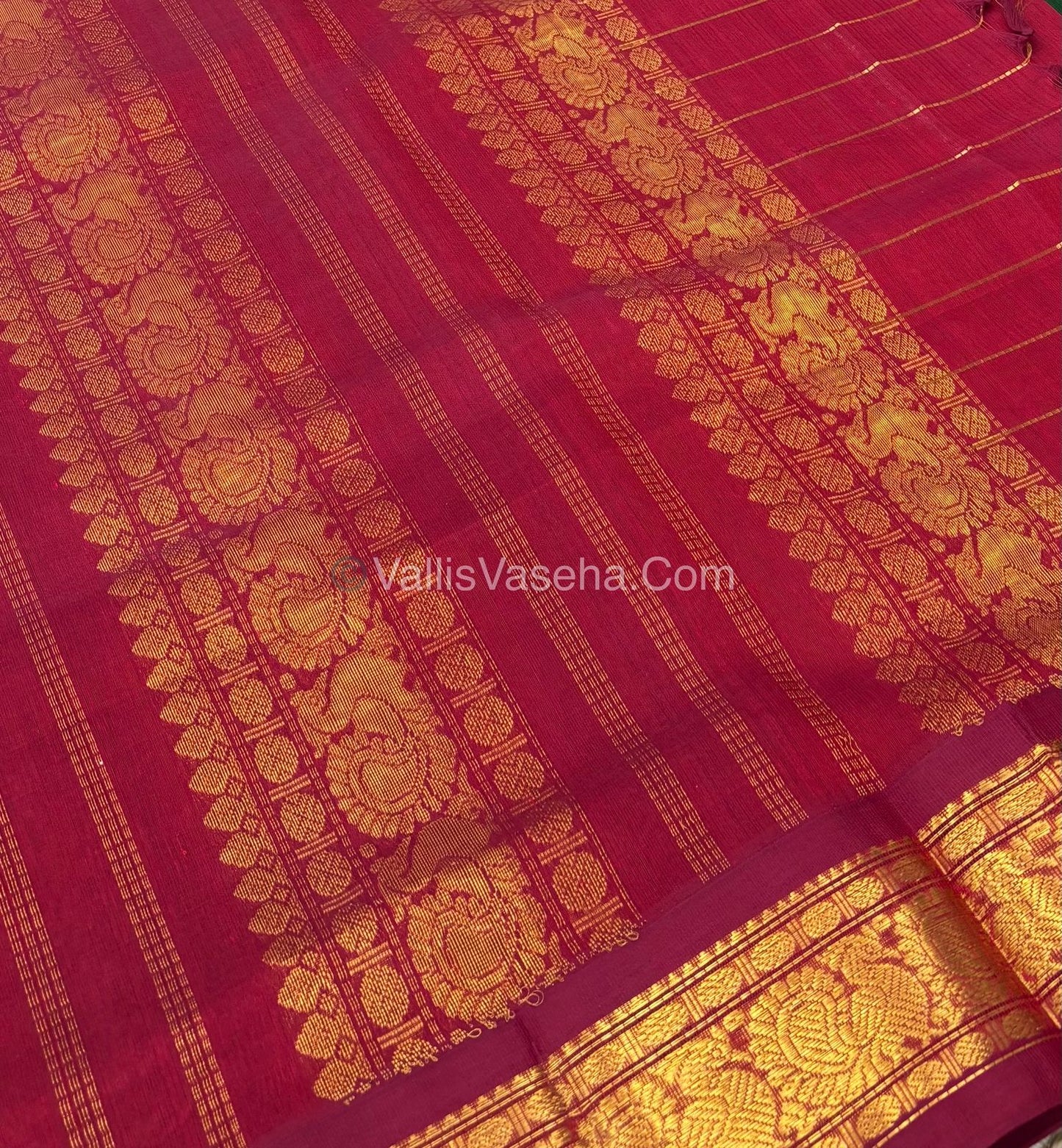 Pure Korvai Silk Cotton Saree - Green With Red - VVKSC020