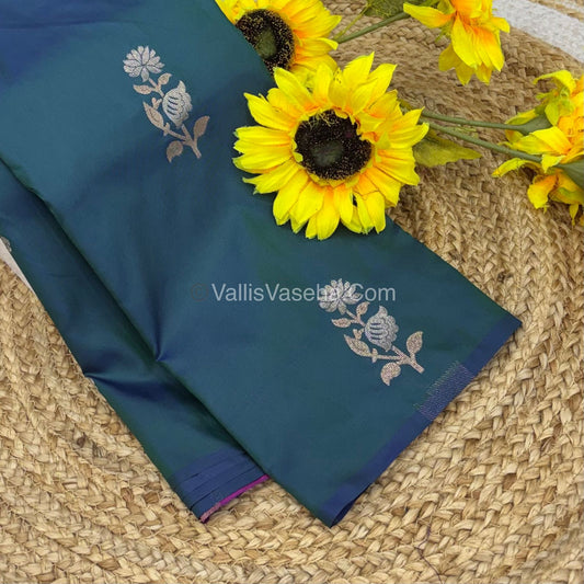 Semi Soft Silk - Border less - Peacock Blue With Pink Shade -VVSSS024