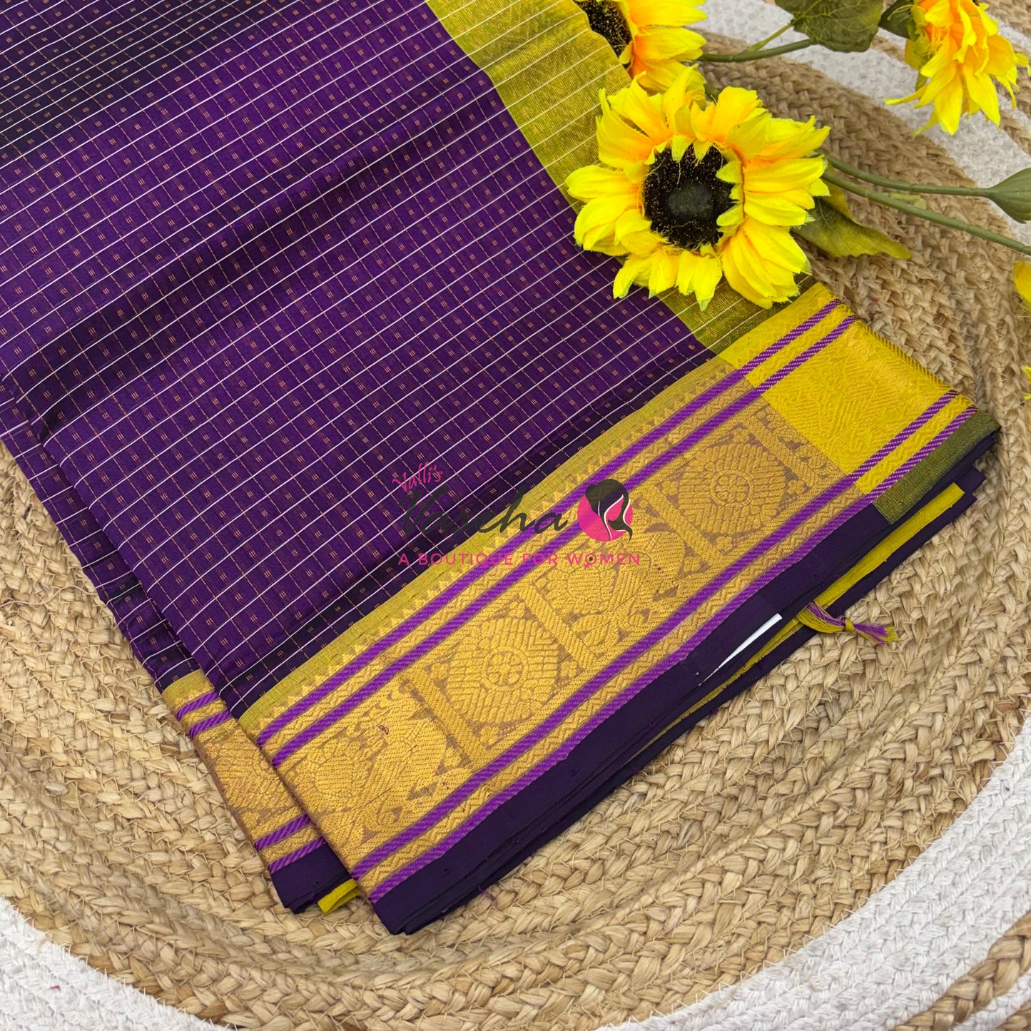 Pure Silk Cotton Saree - Purple With Yellow  - Lakshadeepam Design - VVPLD001