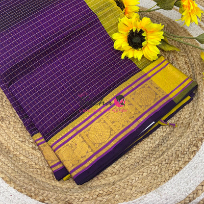 Pure Silk Cotton Saree - Purple With Yellow  - Lakshadeepam Design - VVPLD001