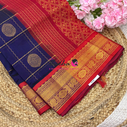 Pure Silk Cotton Saree - Mayil & Chakkaram Design - Navy Blue With Red VVMC001