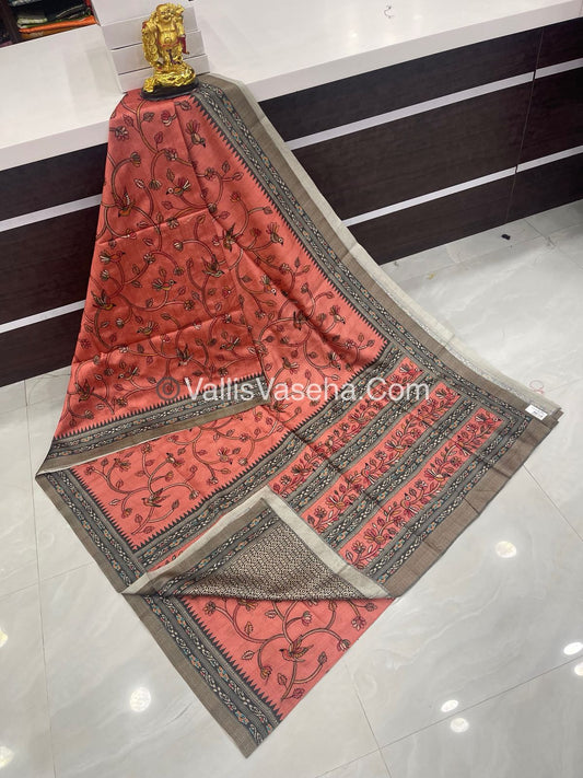 Semi Tussar - Kantha Work Embroidery - Orangish Peach Shade - VVSTK001