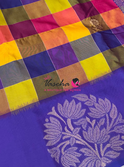 Semi Soft Silk  - Madras Checks Pattern - Violetish Purple Shade  - VVSSS042